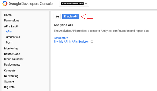 Enable Ananlytics API in Google Developers Console